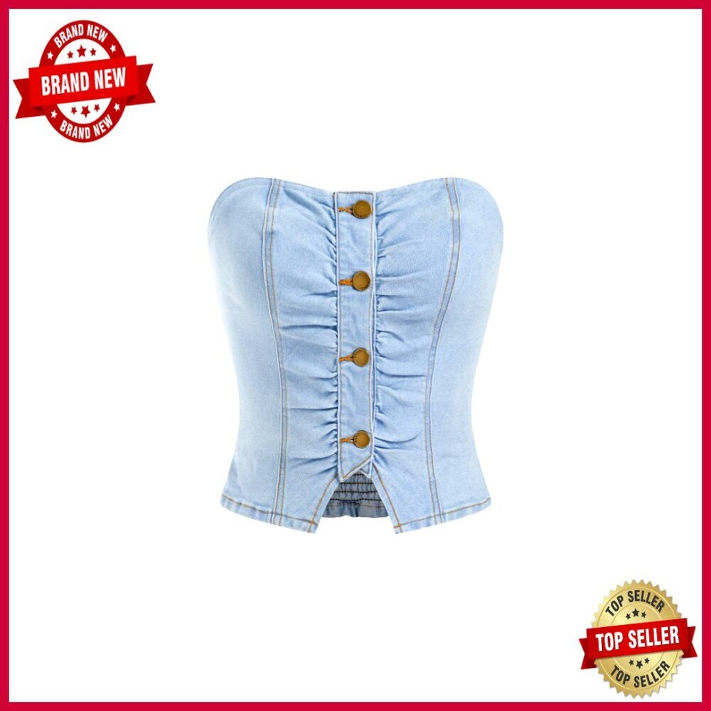 Denim Tube Top Button Down Crop Top Sleeveless Stretchy Summer Concert